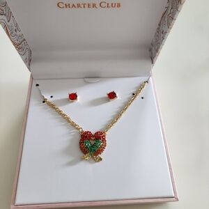 Charter Club Paraket Gold and Red Necklace with Red Crystal Earrings.